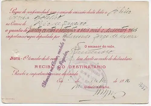 Geldanweisung Brasilien, 1916, Pago