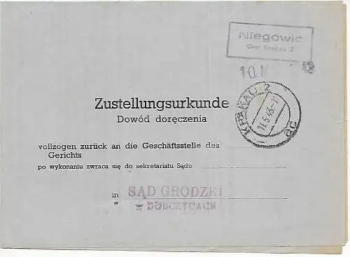 Generalgouvernement GG: Zustellurkunde Niegowic/Krakau 1943 an das Gericht