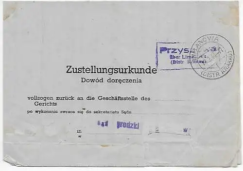 Generalgouvernement GG: Zustellurkunde Przysko Limanowa 1944 an das Gericht