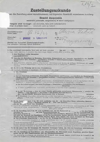 Generalgouvernement GG: Zustellurkunde Przysko Limanowa 1944 an das Gericht
