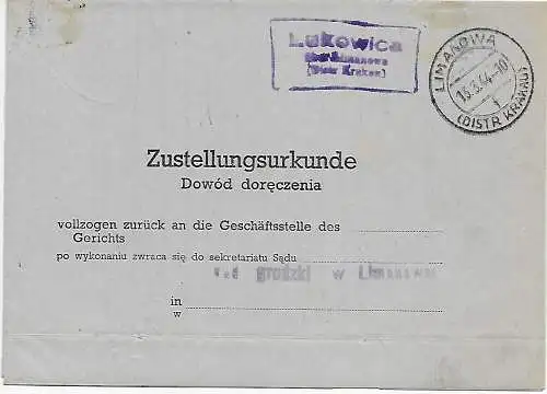 Generalgouvernement GG: Zustellurkunde Lukowica/Limanowa 1944 an das Gericht