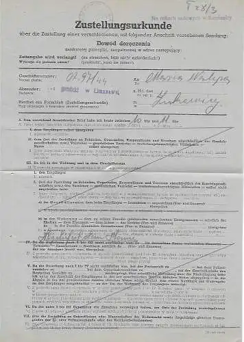 Generalgouvernement GG: Zustellurkunde Lukowica/Limanowa 1944 an das Gericht