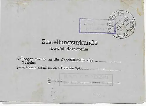 Generalgouvernement GG: Zustellurkunde Jodlownik/Limanowa 1943 an das Gericht