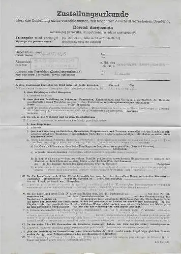Generalgouvernement GG: Zustellurkunde Jodlownik/Limanowa 1943 an das Gericht