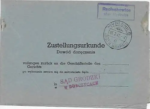Generalgouvernement GG Zustellurkunde Raclechowice/Myslenice 1942 an das Gericht