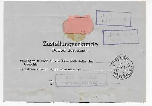 Generalgouvernement GG: Zustellurkunde Jodlownik/Limanowa 1942 an das Gericht