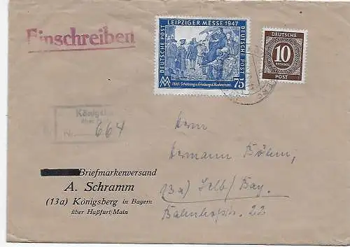 Königsberg/Bayern Einschreiben nach Selb, 1948