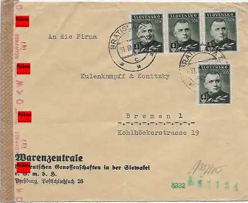 Warenzentrale Preßburg nach Bremen, Zensur 1942