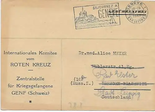 Geneve 1948, Rotes Kreuz Zentrale Kriegsgefangene nach Dresden