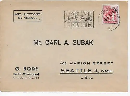 Berlin Airbücke Stamp publicitaire 1948 vers États-Unis-Seattle/Wash.