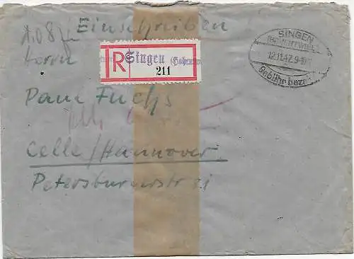 Singen einschreiben 1947 - Gebühr bezahlt nach Celle