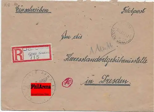 Generalgouvernement GG: Feldpost Einschreiben Jaroslau nach Dresden 1944