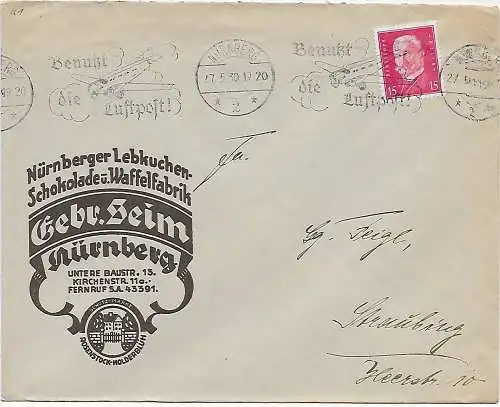 Nürnberger Lebkuchen-Schokolade 1930 Luftpost Werbestempel nach Straubing