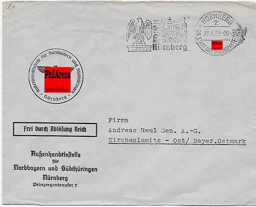 Nürnberger Außenhandelsstelle nach Kirchenlamitz 1939, Frei durch Ablösung Reich