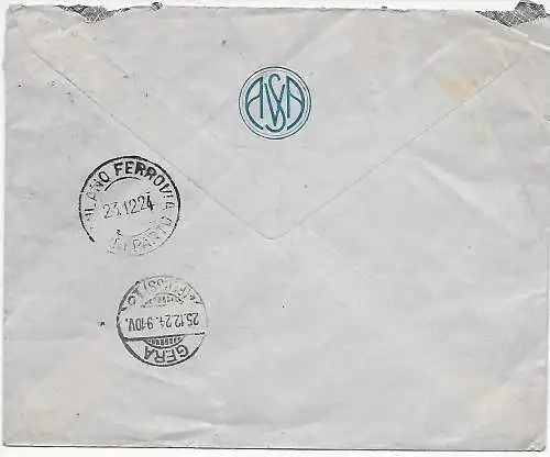Einschreiben Vercella 1924 nach Gera 1922