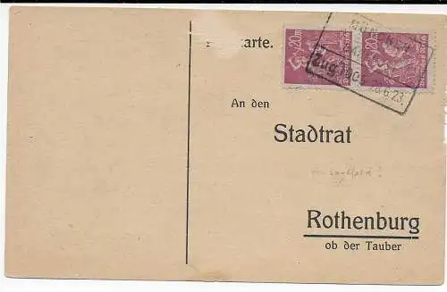 Postkarte Zugstempel 1923 München an Stadtrat Rothenburg, Sparkassentag