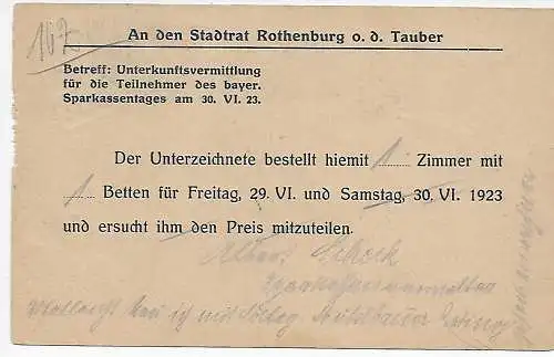 Carte postale Tampon 1923 Munich à Conseiller de la ville Rothenburg, jour des caisses d'épargne