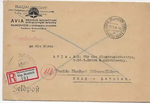 Einschreiben AVIA Ung. Hradisch - Feldpost Böhmen & Mähren nach Prag 1944