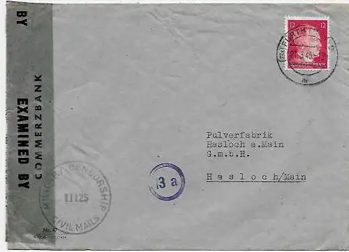 Brief aus Fürth, 21.3.45 nach Hasloch, Überroller mit Zensur