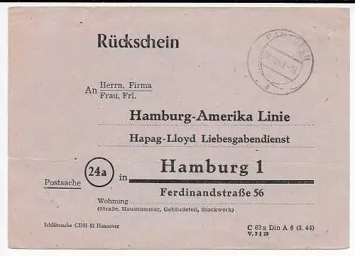 Reçu Pankofen à Hambourg-Amérique ligne, Hambourg, 1949, dons d'amour - Care