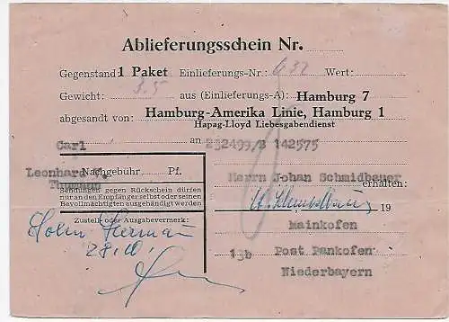 Rückschein Pankofen an Hamburg-Amerika Linie, Hamburg, 1949, Liebesgaben - Care