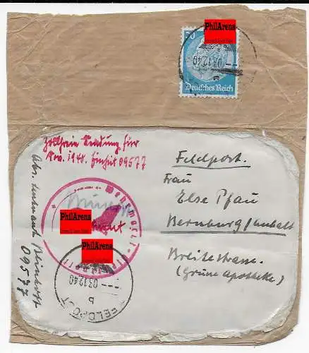 Päckchenausschnitt 1940 Feldpost Nr. 09577 nach Bernburg Zollfreie Monatssendung