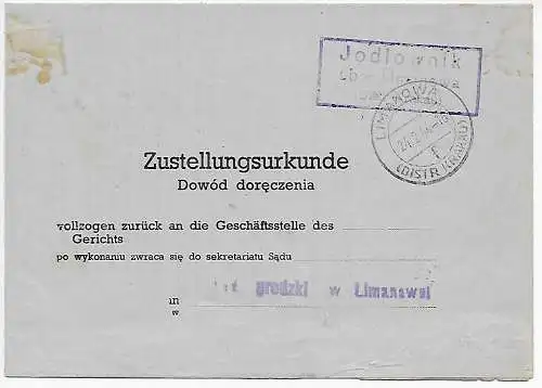 Generalgouvernement GG Zustellurkunde Jodlownik/Limanowa 1944 an das Gericht