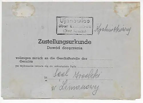 Generalgouvernement GG Zustellurkunde Ujanowice/Limanowa an das Gericht