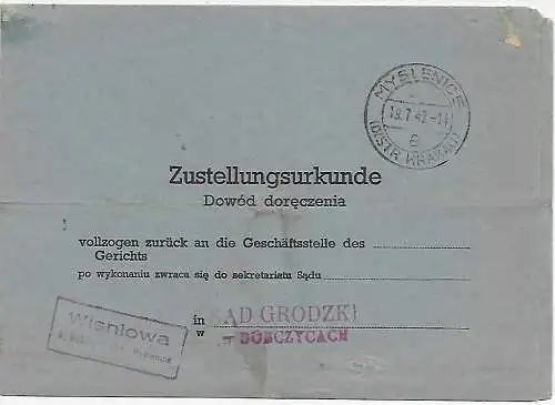 Generalgouvernement GG Zustellurkunde Wisniowa/Myslenice 1942 an das Gericht