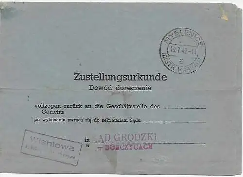Gouvernement général GG Ordre de livraison Wisniowa/Myslenice 1942 au tribunal