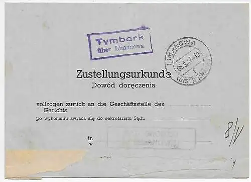 Generalgouvernement GG Zustellurkunde Tymbark/Limanowa 1942 an das Gericht