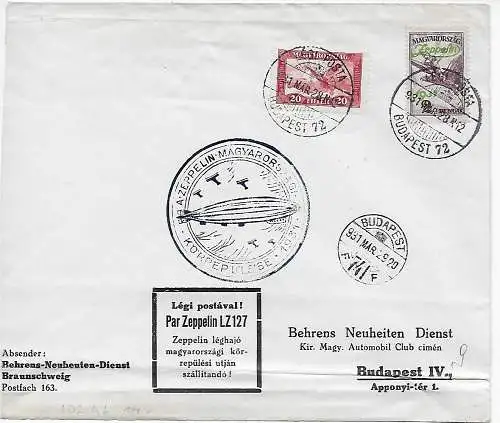 Hongrie: Zeppelin LZ127, 1931 sur Budapest