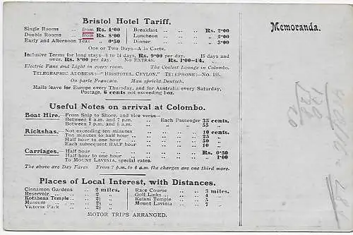 Ceylan: picture post card Bristol Hotel Colombo, best cuisine in the east