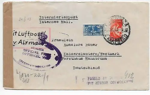 Poste interne Afrique du Sud, 1943 Andalousie/Transvaal - Kaiserslautern, censure