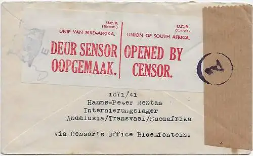 Interniertenpost Südafrika, 1943 Andalusia/Transvaal - Kaiserslautern, Zensur