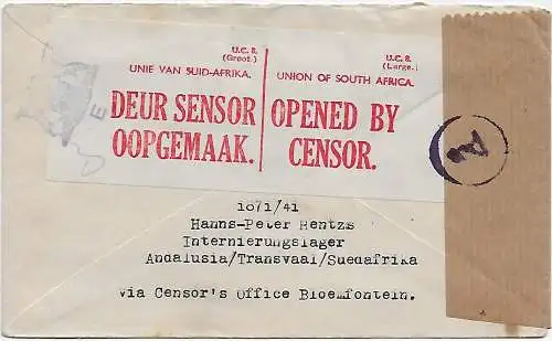 Poste interne Afrique du Sud, 1943 Andalousie/Transvaal - Kaiserslautern, censure