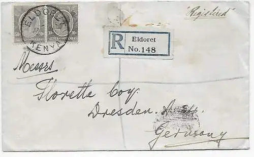 Lettre recommandé Eldoret d'après Dresde, 1927