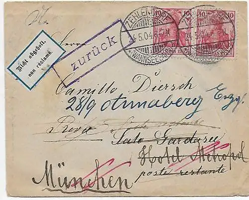 Zehlendorf 1904 nach Salo Gardasee, Weiterleitung, zurück, Amtliche Öffnung