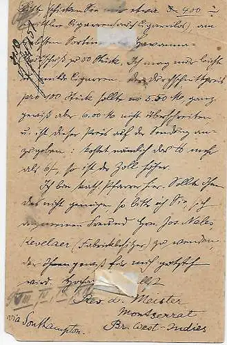 post card Monserrat /Barbados nach Geldern, Taxe - Nachgebühr 1906