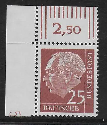 Bund: MiNr. 186 DZ, postfrisch, ** Eckrand E1, DKZ 5, vorgefaltet