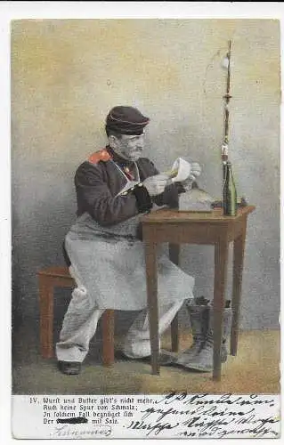 Postkarte: Soldat beim Essen: Soldatenbrief Bad Waldsee nach Ludwigsburg 1903