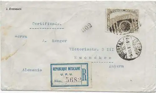 Mexico Einschreiben mit Zensur nach München, Bahnpoststempel 1923