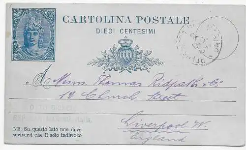 San Marino Postkarte, 1892 nach Liverpool