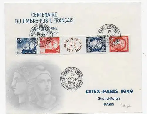 Brief: Centenaire du Timbre-Poste Francais: 11.6.1949 Paris - Philatelie