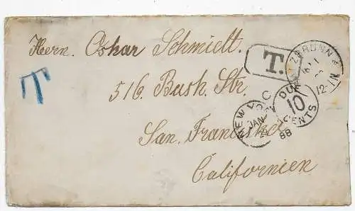 Salzbrunn mit Nachporto/Taxe nach San Francisco, 1888