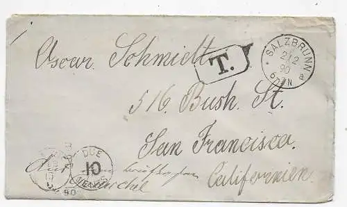 Salzbrunn mit Nachporto/Taxe nach San Francisco, 1890