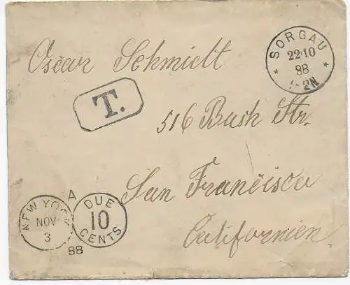 Sorgau mit Nachporto/Taxe nach San Francisco, 1888