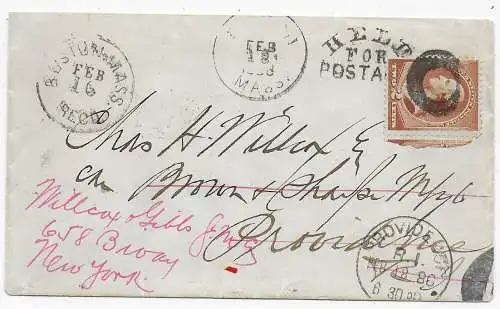 Boston Mass to Providence, forwarded to New York: Held for Postage 1886
