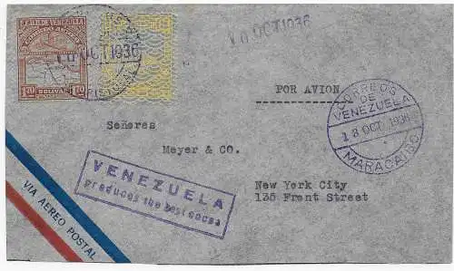 Luftpost Maracaibo nach New York City 1936, Werbung für Kakao Produkte