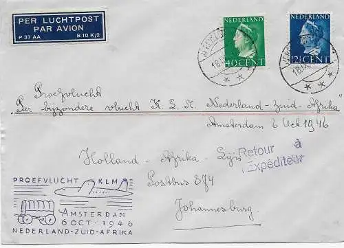 Luftpost KLM Amsterdam-Süd Afrika, 1946 nach Johannesburg und zurück